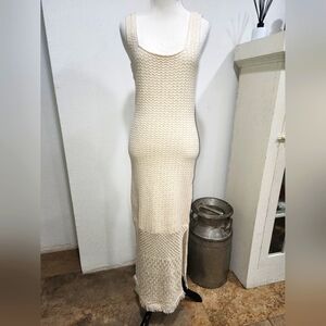 House of Harlow 1960 Beige Long Dress Sz Medium Knit Crochet Fringe Summer